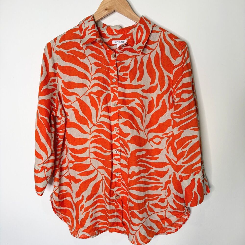 Chicos Blouse Button Up Top Orange Tan Linen Leaf Pattern Women 1.5 / 10 / M